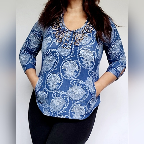 Lucky Brand Women's Boho Blouse Cotton/Rayon Beaded Blue/White Small - Picture 1 of 16